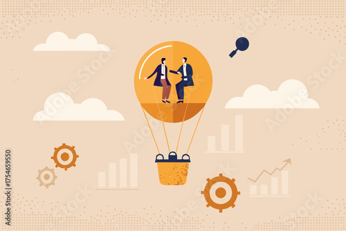 Two businessmen shaking hands in a hot air balloon with business growth charts and gears
