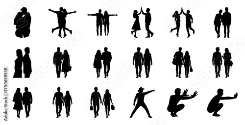Couples and individuals in various poses silhouette