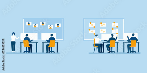 Diverse teams collaborate and brainstorm ideas using computers and visual boards in a modern office setting
