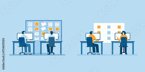 Diverse team members collaborating and working on computers in a modern office environment
