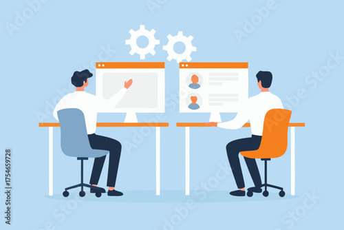 Two colleagues working together at their desks with computers and gears symbolizing collaboration and teamwork