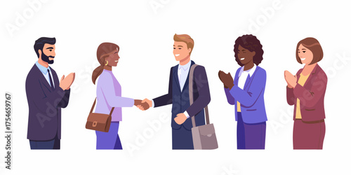 Diverse group of business professionals celebrating a successful handshake and achievement with applause