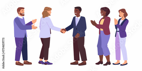 Diverse group of business professionals celebrating success with handshakes and applause in a modern office setting