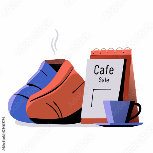 Vector illustration of a coffee cup and beanbag with sale