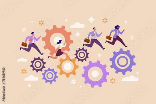 Business people running on gears as a team working together in a dynamic process