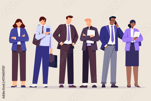 Diverse group of business professionals standing together in professional attire with various accessories
