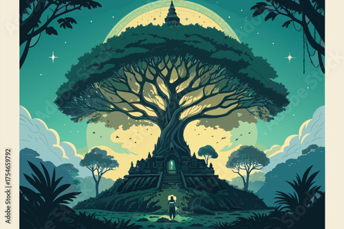 Mystical giant tree with ancient ruins and a lone figure.