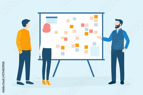 Team collaborating on a project using a visual board with sticky notes and diagrams