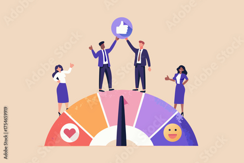 Diverse business people celebrate success on a customer satisfaction meter with a thumbs up icon