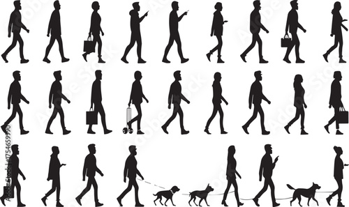 Silhouettes of diverse people walking black figures on white background