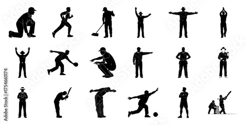 Cricket players and officials in silhouette sport game