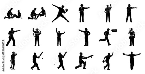 Cricket players and officials silhouettes sports umpire