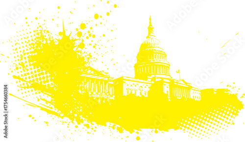 United States Capitol Building in Grunge Yellow Illustration with Drips
