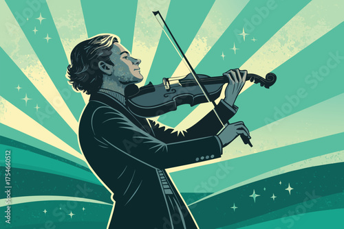 Man playing violin with a dramatic background and starry accents.
