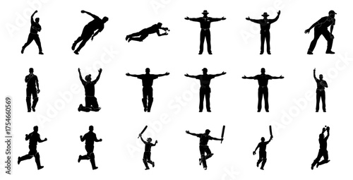 Cricket players and umpires in action silhouette