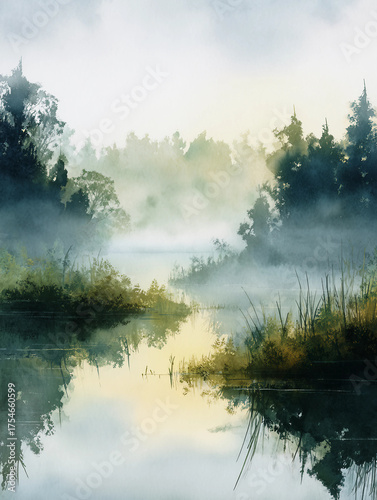 A painting of a forest with a river in the middle