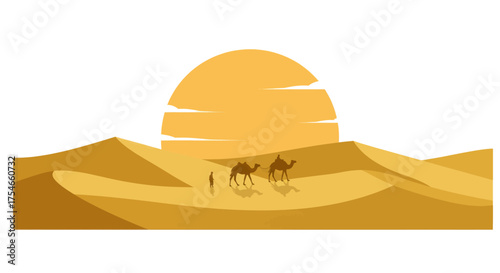 Desert Camel Caravan Sunset Illustration - A Vast Desert Landscape Under a Setting Sun with Camels and Travelers