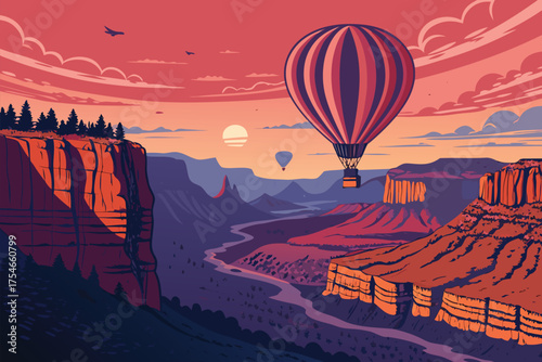 Hot air balloons float over the Grand Canyon at sunset.