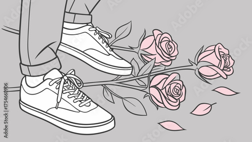 Person wearing sneakers stepping on roses with leaves and petals scattered on the gray background