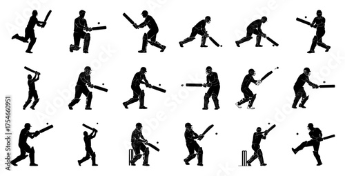 Cricket players batting and fielding poses batsman