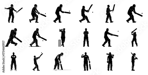 Cricket players batting and fielding silhouettes batsman