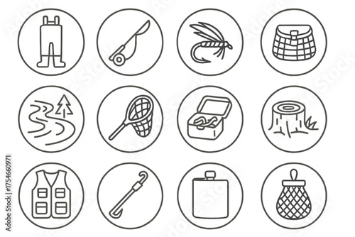 Round River Fishing Icons. Line style round icons of river fishing: waders, fly rod, artificial fly, creel; stream, net, bait box,