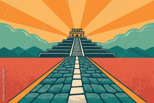 A stylized, retro graphic of a Mayan pyramid under a radiating sun.