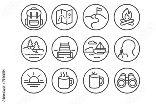 Travel Adventure Icons. Line style round icons of travel moments: backpack, map, path, campfire; foggy hill, pier edge, boat ride,