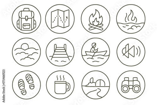 Travel Adventure Icons. Line style round icons of travel moments: backpack, map, path, campfire; foggy hill, pier edge, boat ride,