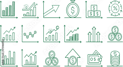 Financial charts and graphs business growth indicators linear symbols set