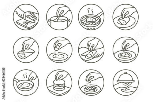 Food Preparation Icons. Line style round icons of food preparation: chopping, stirring, grilling, wrapping; seasoning, portioning,