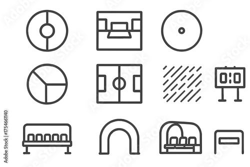 Minimalist Football Field Icons. Line style round icons of football field: center circle, goal area, penalty spot, sidelines;