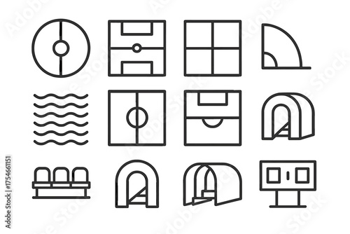 Minimalist Football Field Icons. Line style round icons of football field: center circle, goal area, penalty spot, sidelines;