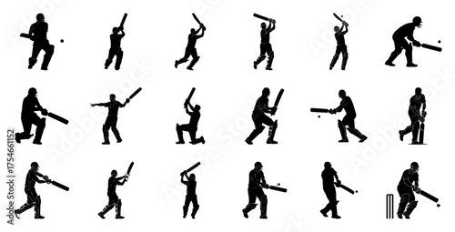 Cricket players batting and fielding silhouettes batsman