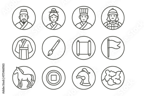Ancient Dynasties Icons. Line style round icons of ancient dynasties: emperor, empress, court official, general; traditional robe,