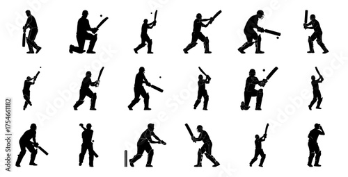 Cricket players batting and fielding silhouettes batsman