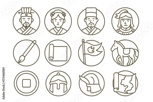 Ancient Dynasties Icons. Line style round icons of ancient dynasties: emperor, empress, court official, general; traditional robe,