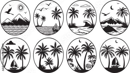 Tropical Island Paradise Vector Illustration Set Featuring Palm Trees and Beaches
