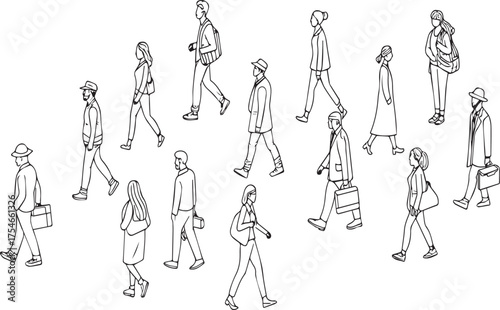 Line art illustration of diverse people walking in various styles