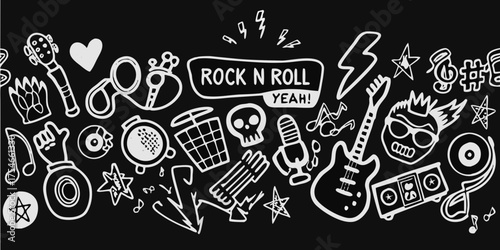 Energetic rock n roll doodle art with guitars microphones skulls and musical symbols