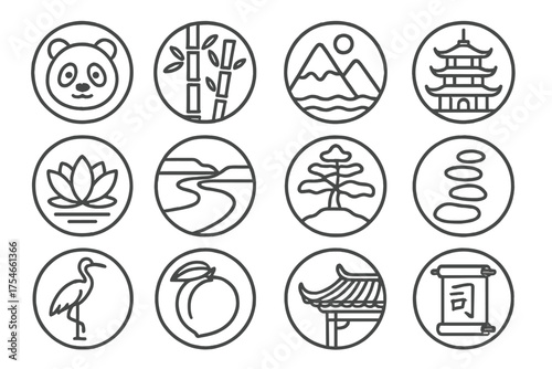 Chinese Ecology Symbols. Line style round icons of Chinese ecology: panda, bamboo, misty mountain, pagoda; lotus, river, pine,