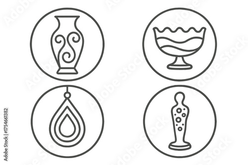 Decorative Glass Icons. Line style round icons of decorative glass: vase, bowl, ornament, sculpture; swirl pattern, droplet shape,