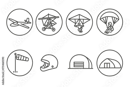 Lightweight Aircraft Icons. Line style round icons of lightweight aircraft: glider, ultralight, hang glider, paraglider; open