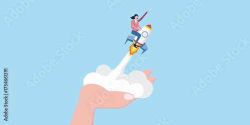 Woman riding a rocket launched from a hand symbolizing success and ambition