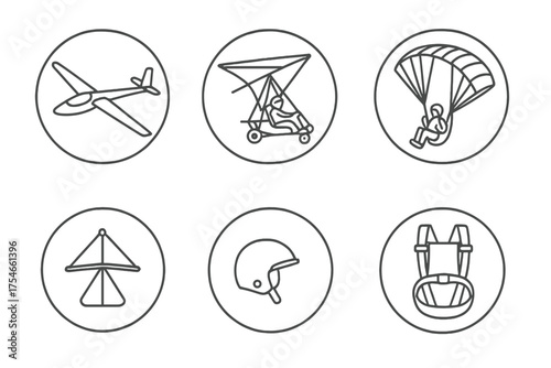 Lightweight Aircraft Icons. Line style round icons of lightweight aircraft: glider, ultralight, hang glider, paraglider; open