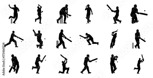 Cricket players in action silhouettes batsman bowler