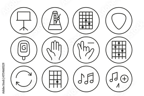 Music Practice Icons. Line style round icons of music practice: music stand, metronome, chord chart, pick; tuner, hand position,