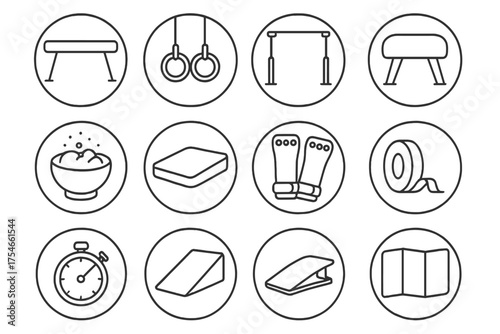 Gymnastics Equipment Icons. Line style round icons of gymnastics equipment: balance beam, rings, bar, vault; chalk bowl, landing