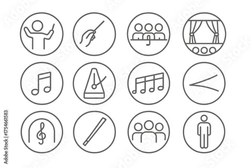 Musical Performance Icons. Line style round icons of musical performance: conductor, baton, ensemble, stage; music note, tempo,
