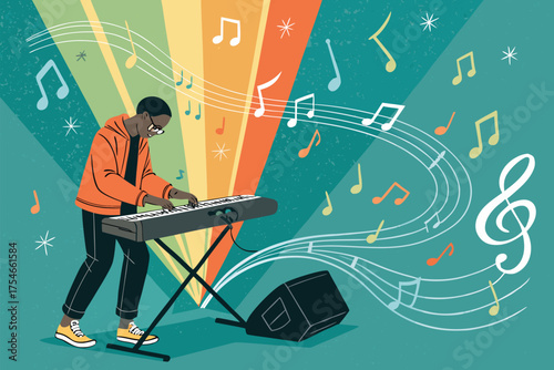 A person plays a keyboard with music notes swirling around.